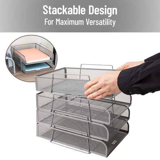 Mind Reader Stackable Paper Tray, Desktop Organizer, File Storage, Office, Metal Mesh, 4 Pcs., SIlver